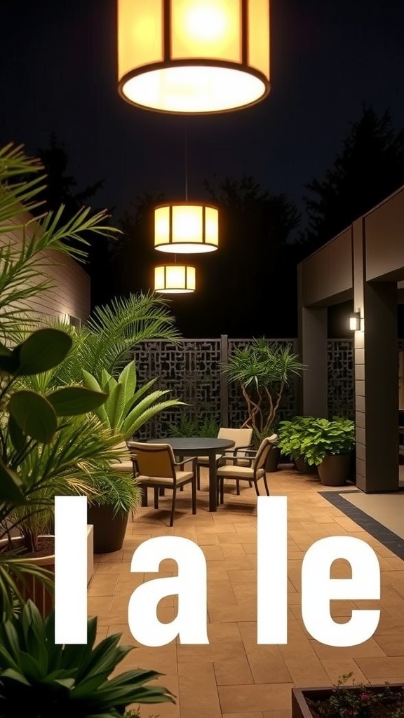 A cozy backyard patio illuminated by hanging lights surrounded by lush greenery.