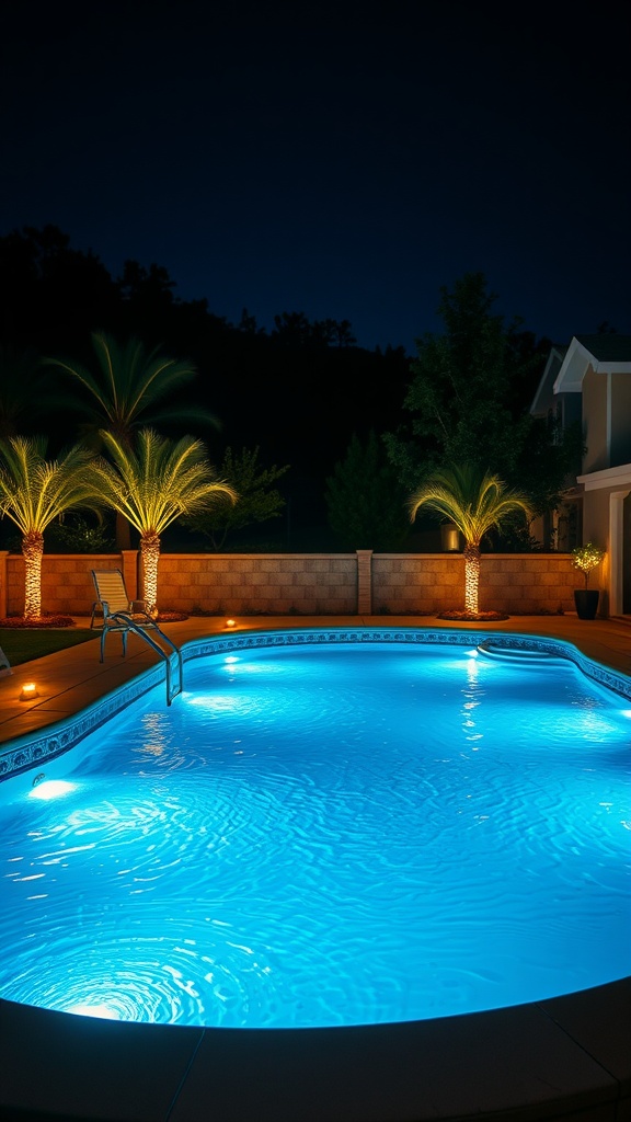 An illuminated outdoor pool area at night with palm trees and blue water