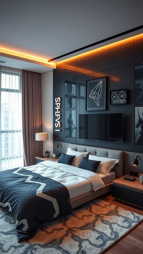 Modern bedroom with smart technology, sleek design, and Marvel-themed decor