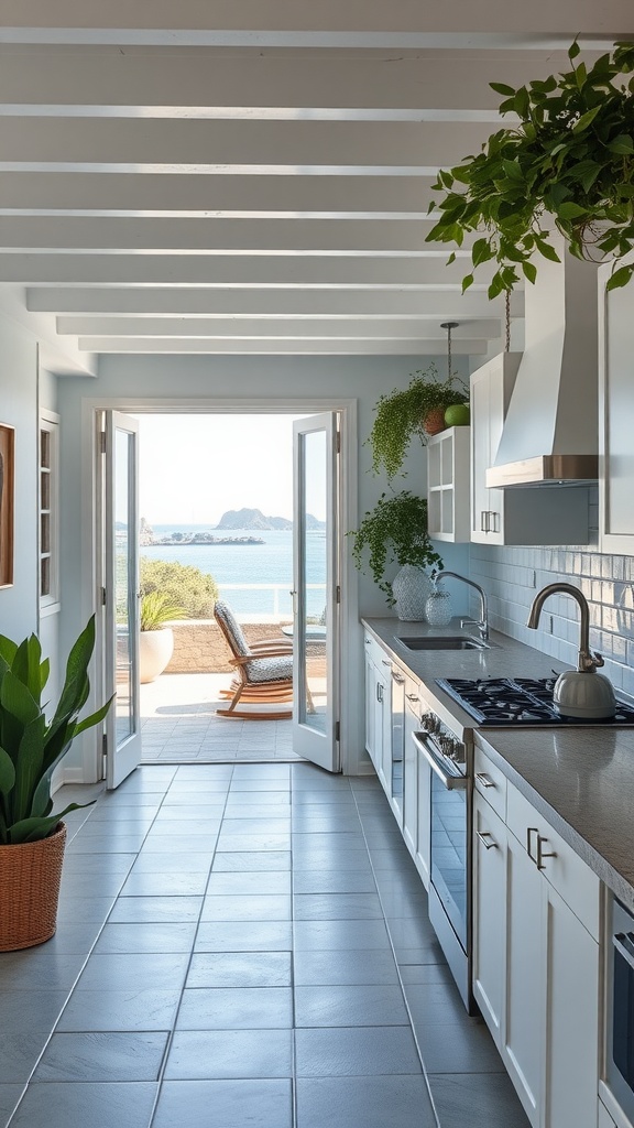 A bright coastal kitchen with open doors leading to the ocean view.