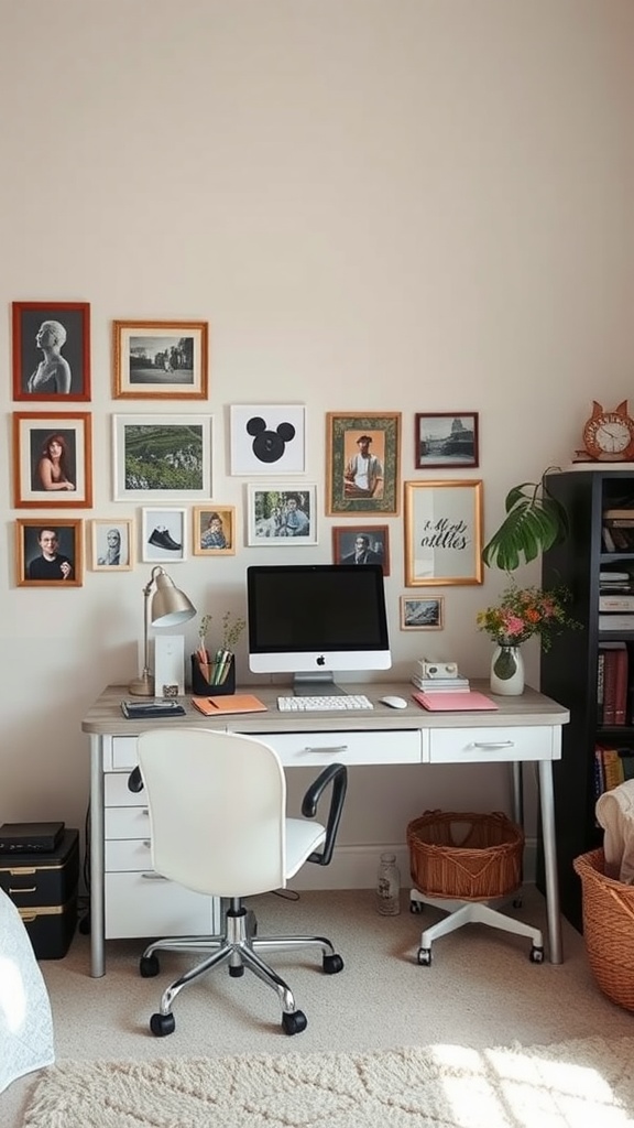 A stylish office bedroom setup featuring a desk with a computer, framed artwork on the wall, and decorative plants.