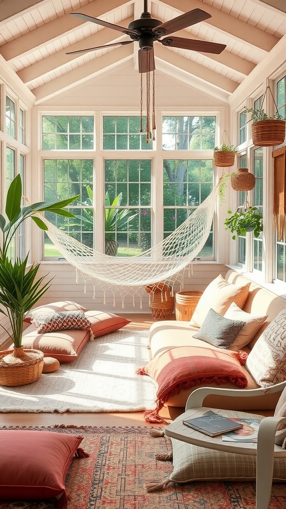 A cozy boho-inspired sunroom featuring a hammock, cushions, and plants.