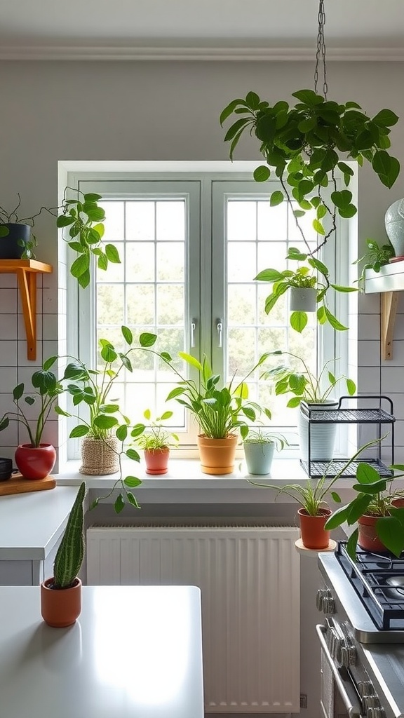 A Scandinavian kitchen with various indoor plants by the window.