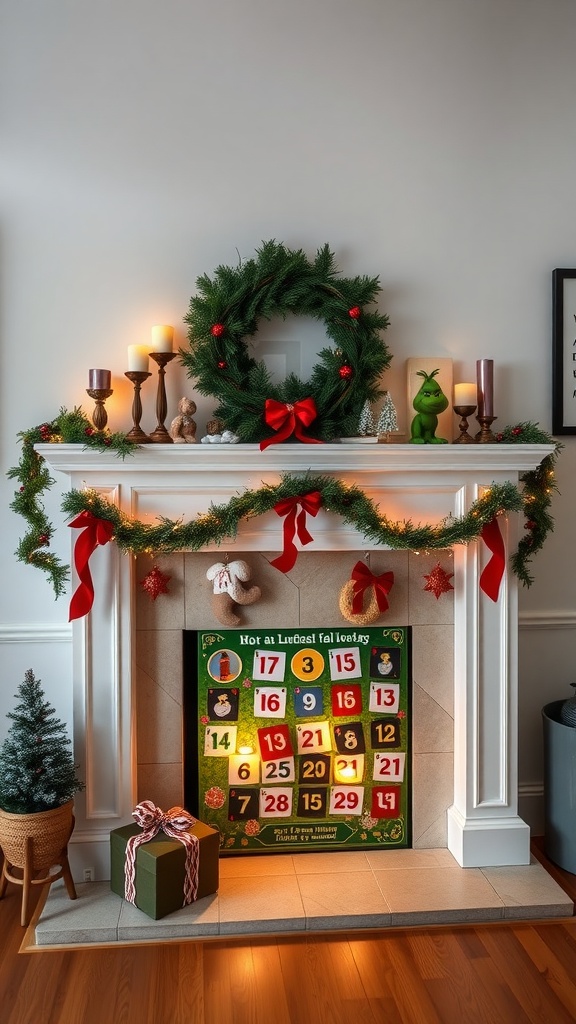 A festive Christmas mantel featuring an interactive advent calendar display with decorations.