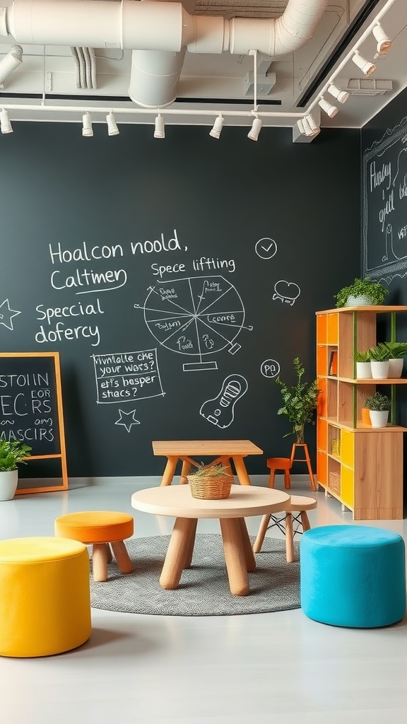 A vibrant room with a chalkboard wall, colorful stools, and interactive features.