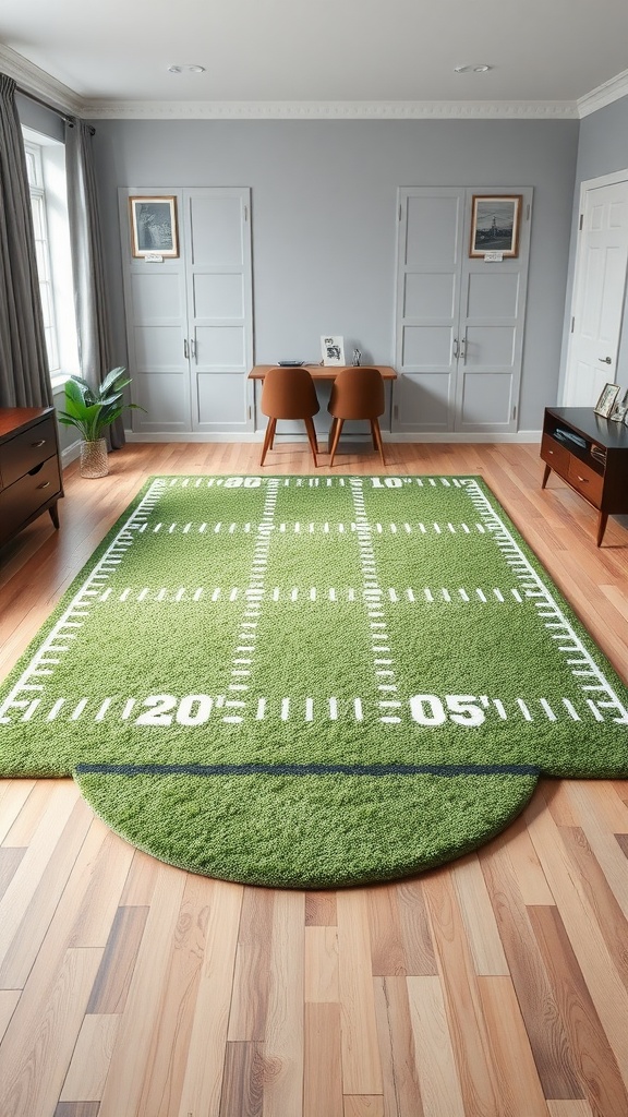 A green football field rug with yard lines in a modern room featuring a desk and two chairs.