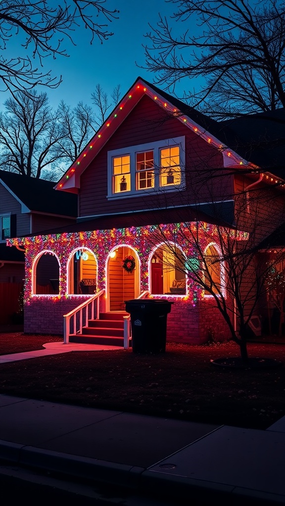 A beautifully decorated house with colorful Christmas lights, showcasing an engaging holiday display.