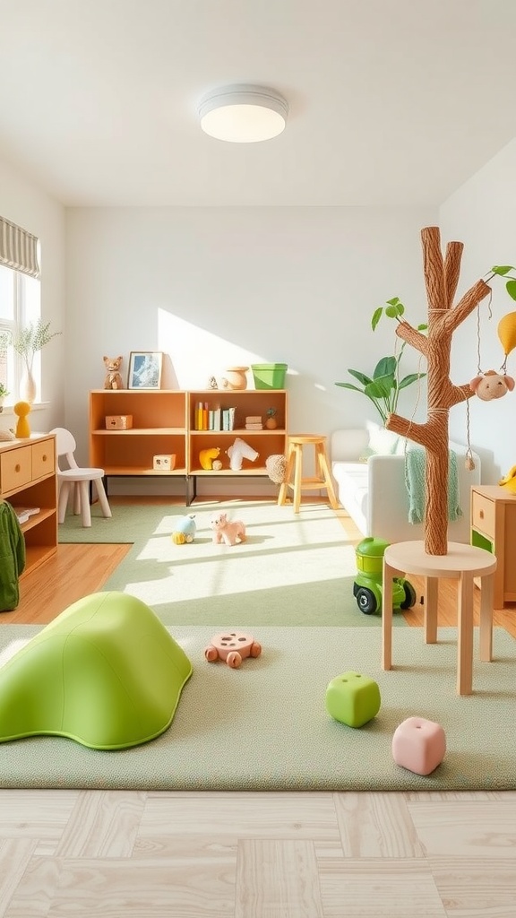 A bright and inviting nature-themed play area for children, featuring a tree structure, colorful toys, and a soft green rug.