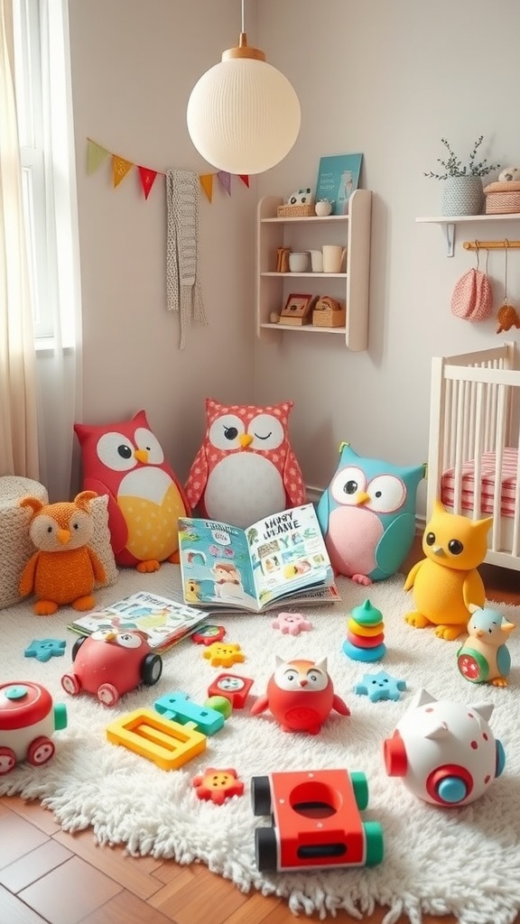 A colorful owl-themed nursery with plush toys, books, and a cozy rug