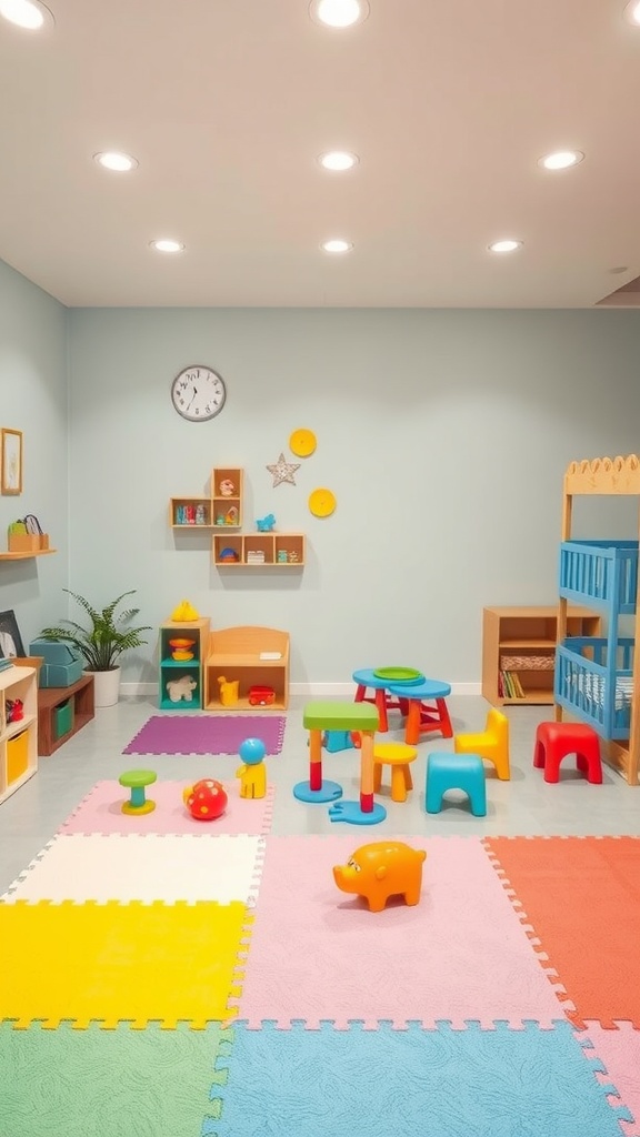 A colorful nursery with interactive play areas including bright mats, tables, and toys.