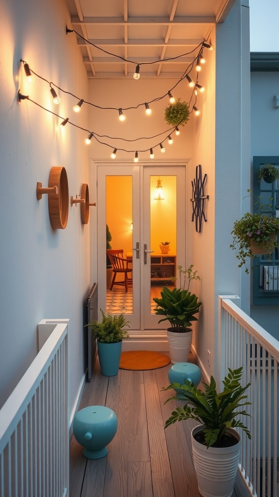 A cozy balcony space featuring string lights, plants, and decorative elements