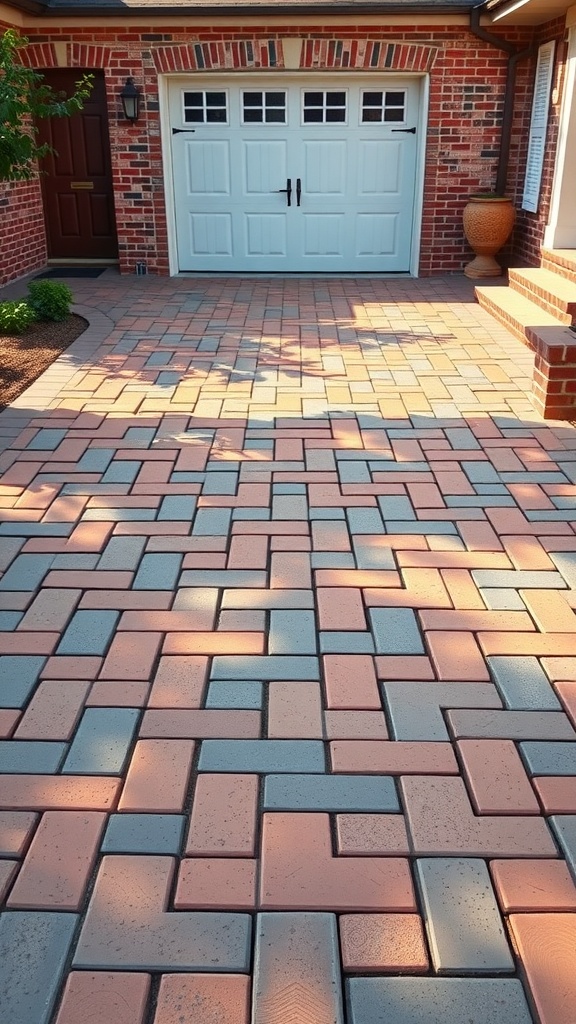 A driveway with interlocking bricks in peach and gray leading to a garage.