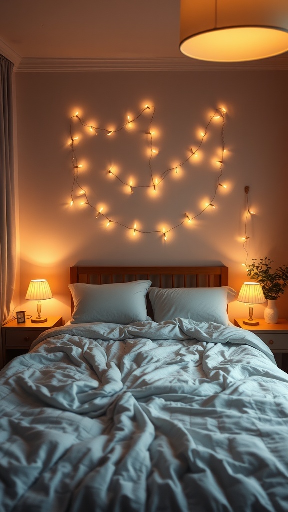 A cozy bedroom with soft lighting from bedside lamps and string lights, creating an intimate atmosphere for couples.