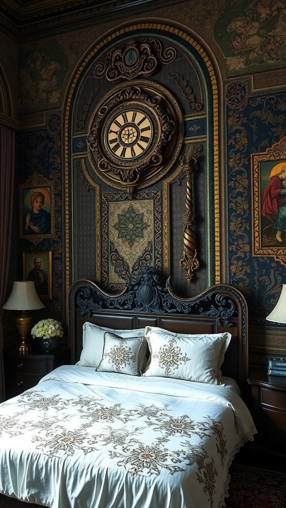 A gothic bedroom with ornate wall art, a clock, and elegant bedding.