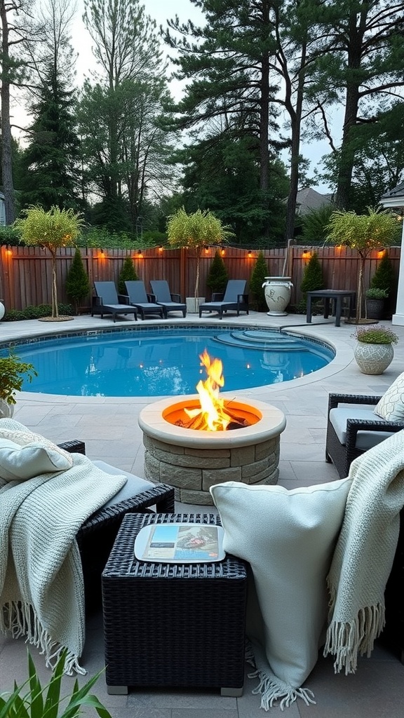 A cozy fire pit area by a pool, featuring seating with blankets and string lights in a lush backyard.