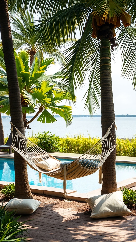 A hammock nestled between palm trees near a pool, surrounded by lush greenery.