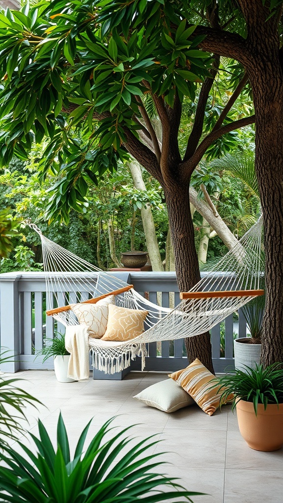 A cozy hammock nestled between two trees, adorned with colorful cushions and surrounded by greenery