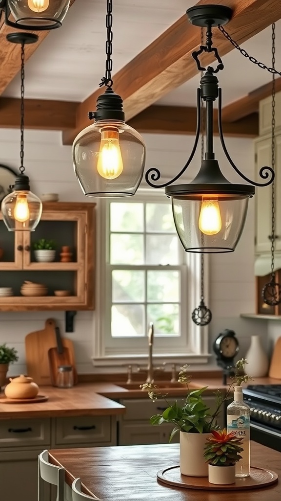 A French country kitchen with hanging wrought iron light fixtures illuminating wooden elements.