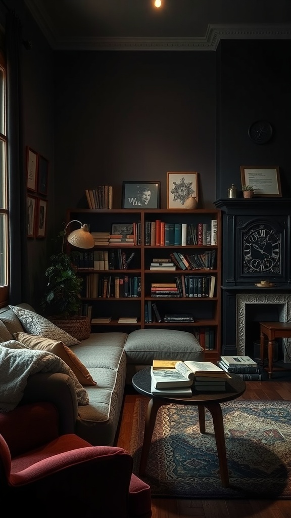 A dark academia inspired living room featuring a cozy sofa, a bookshelf filled with books, and a warm reading atmosphere.