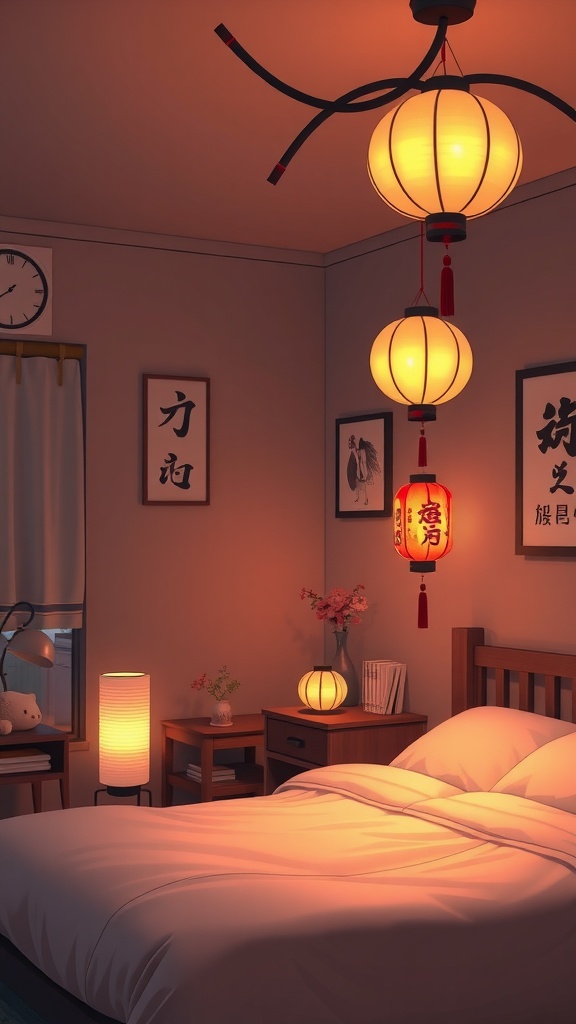 A cozy bedroom with Japanese lanterns providing mood lighting.