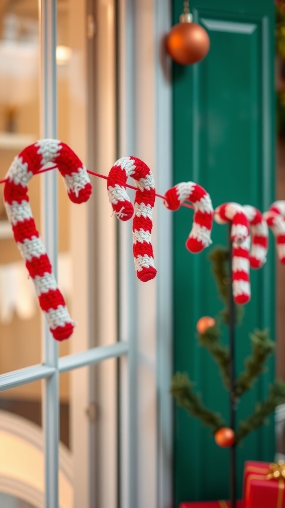 A string of crocheted candy canes hanging decoratively by a window.