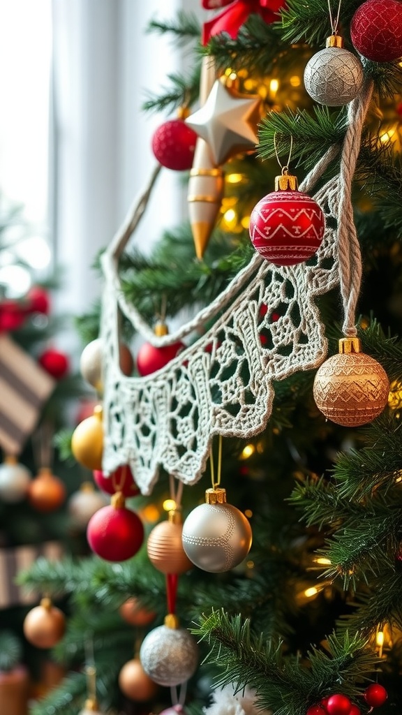 A Christmas tree decorated with a crochet garland and colorful ornaments.