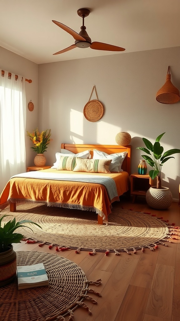 A cozy Indian bedroom featuring jute rugs, natural elements, and vibrant orange bedding.