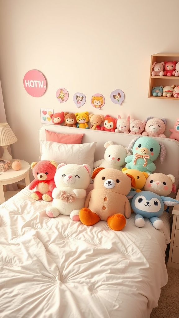 A cozy bedroom featuring a collection of colorful kawaii plush toys on a bed and shelves.