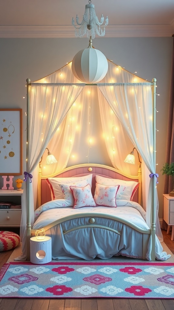 A cozy kids' canopy bed adorned with fairy lights and soft bedding, creating a whimsical bedroom atmosphere.