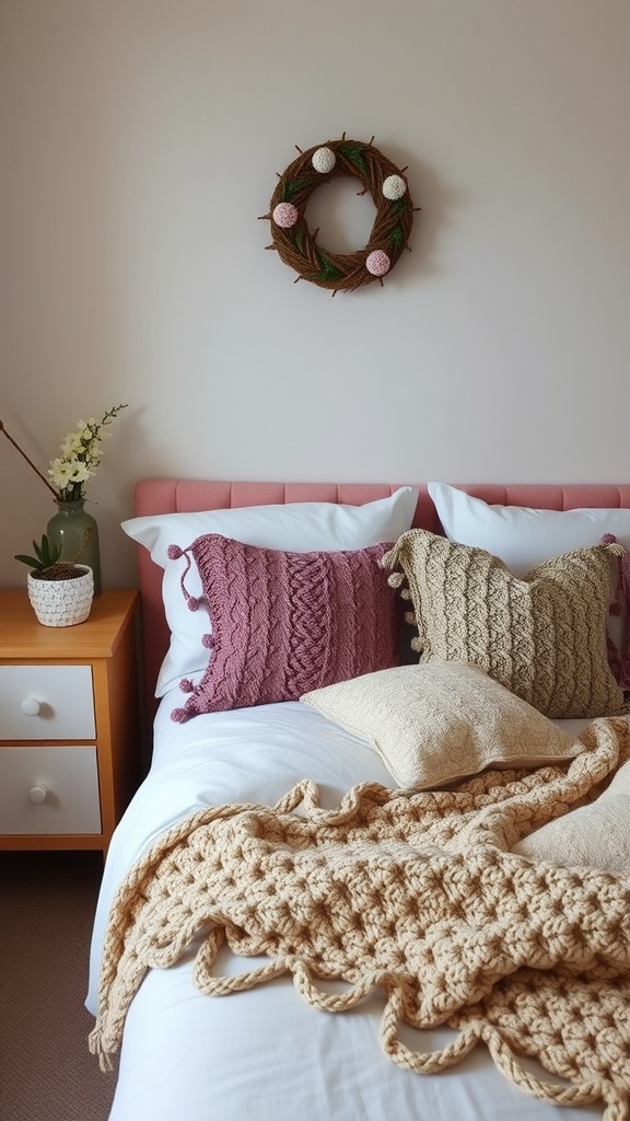 A cozy bedroom featuring a knitted and crocheted theme with pillows, a blanket, and a wreath.