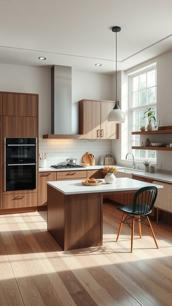 A modern L-shaped kitchen featuring wooden cabinetry, a central island, and natural light from a window.