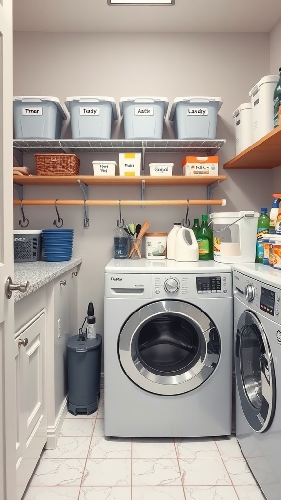 A neatly organized laundry room with labeled bins on shelves and washing machines