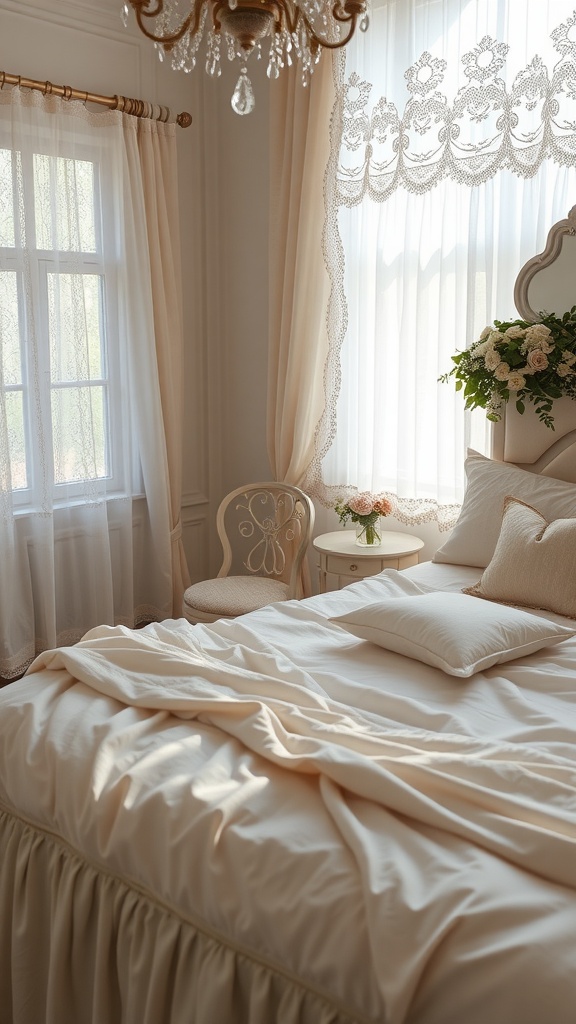 A beautifully decorated vintage bedroom featuring lace curtains, soft linen bedding, and delicate floral accents.