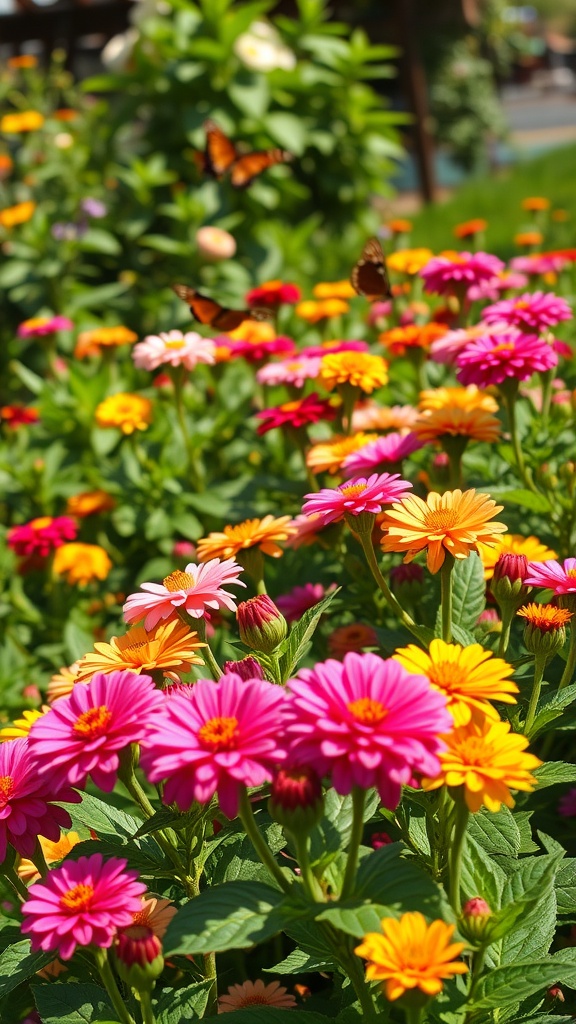 A vibrant display of Lantana flowers in various colors, including pink, yellow, and orange, surrounded by lush green leaves.