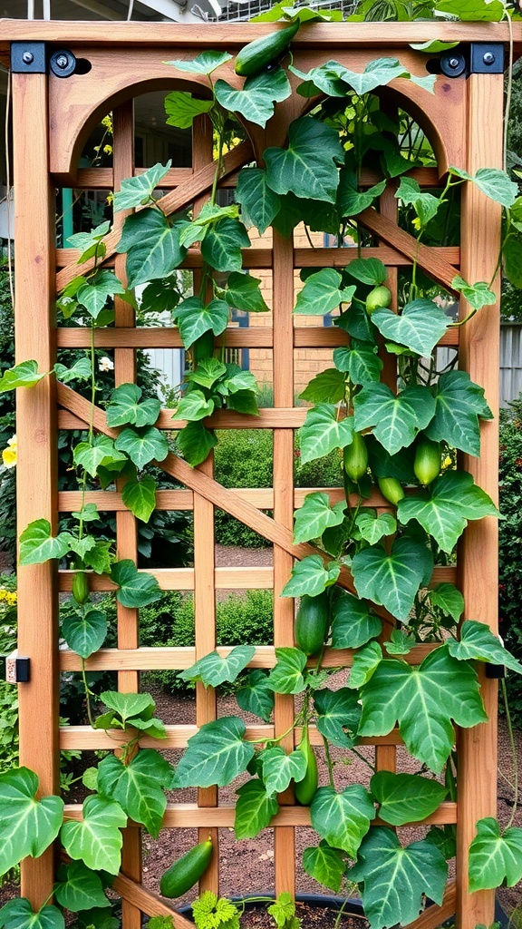 Lattice-style trellis with climbing cucumber vines and cucumbers hanging from the leaves