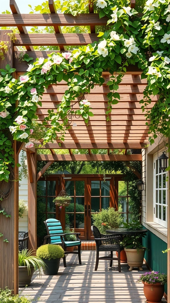 A patio with a wooden lattice shade structure covered in flowers, featuring a table and chairs underneath.