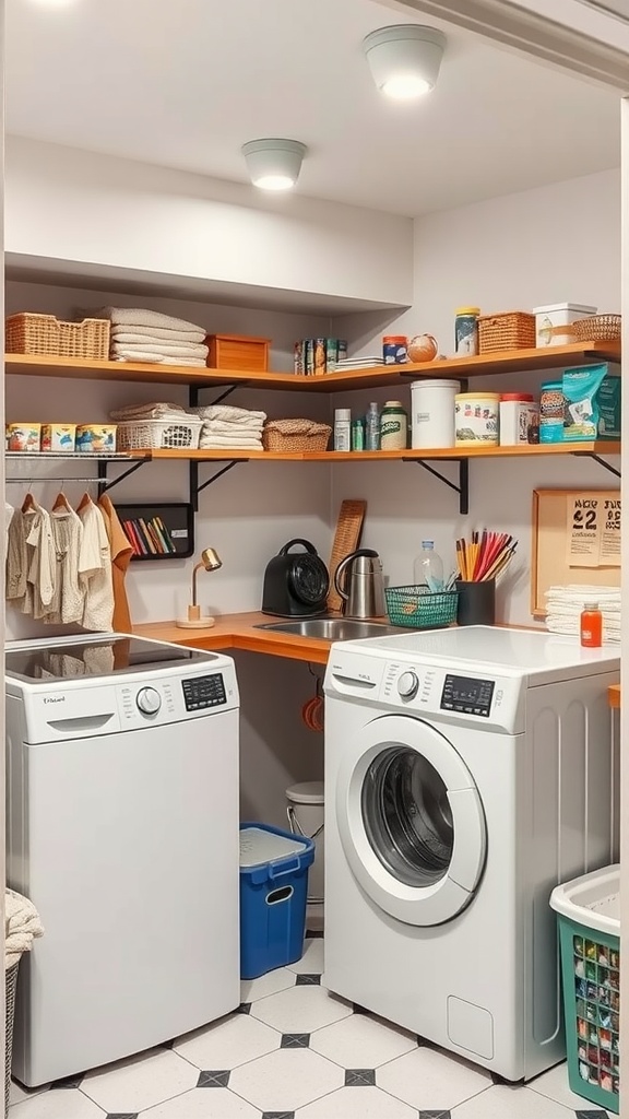 A modern basement laundry room featuring a washing machine, dryer, shelves with storage baskets, and a small workspace.