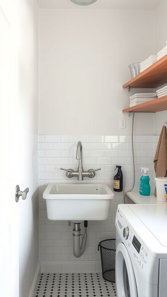 A clean basement laundry room featuring a white laundry sink, washing machine, and organized shelves.