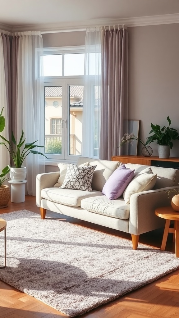 A cozy living room featuring lavender accents with a sofa, rug, and plants.