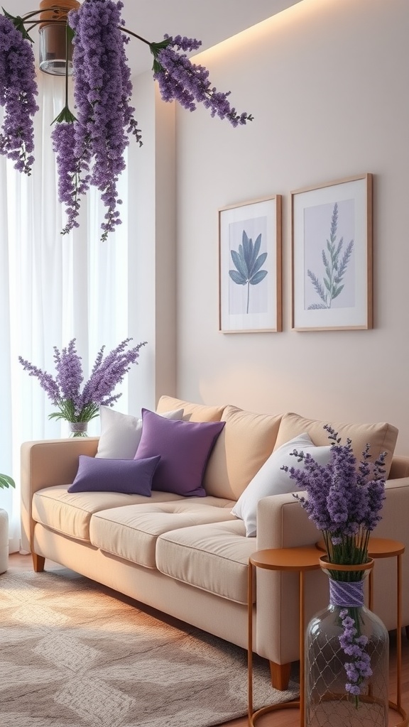 A pastel living room featuring a lavender theme with soft furnishings, floral decor, and calming artwork.