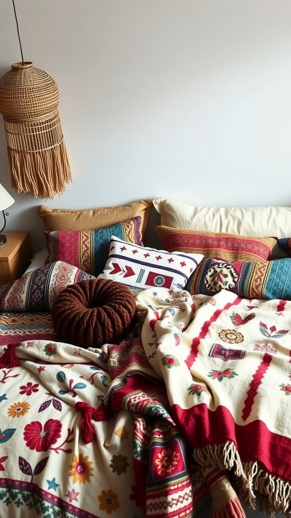 A boho styled bed with layered bedding featuring colorful patterned pillows, a soft blanket, and a chunky knitted cushion.