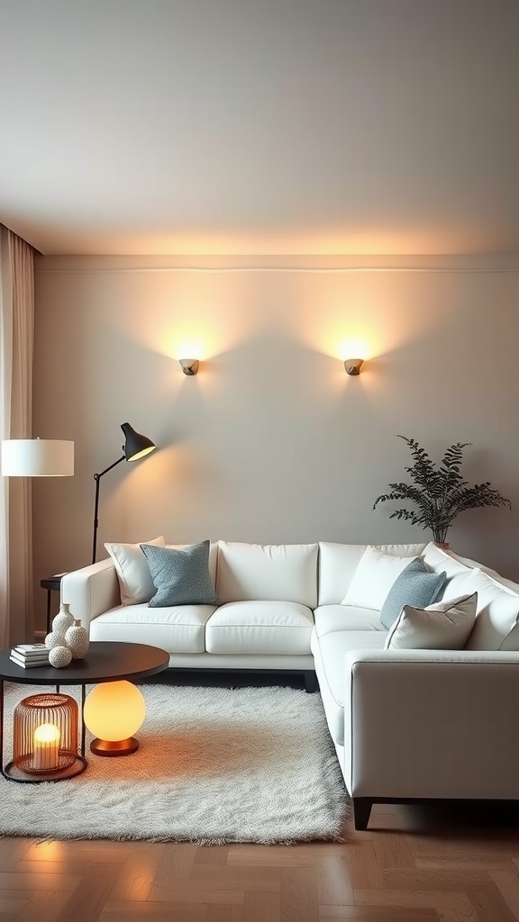 Cozy living room with white sectional sofa, layered lighting, and decorative elements