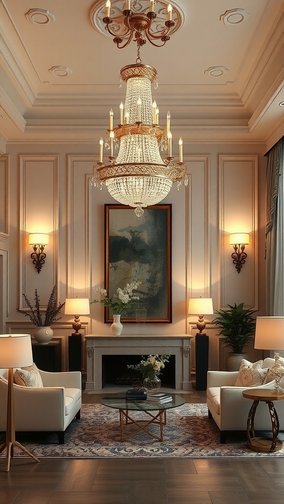 A formal living room with layered lighting designs featuring a chandelier, table lamps, and wall sconces.