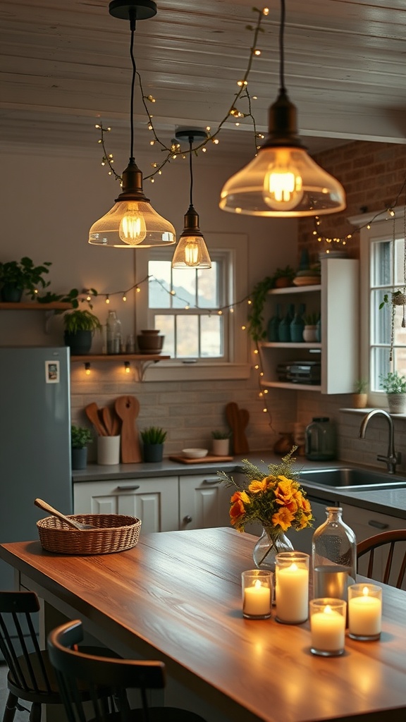 A boho kitchen with layered lighting, featuring pendant lights and candles on the table