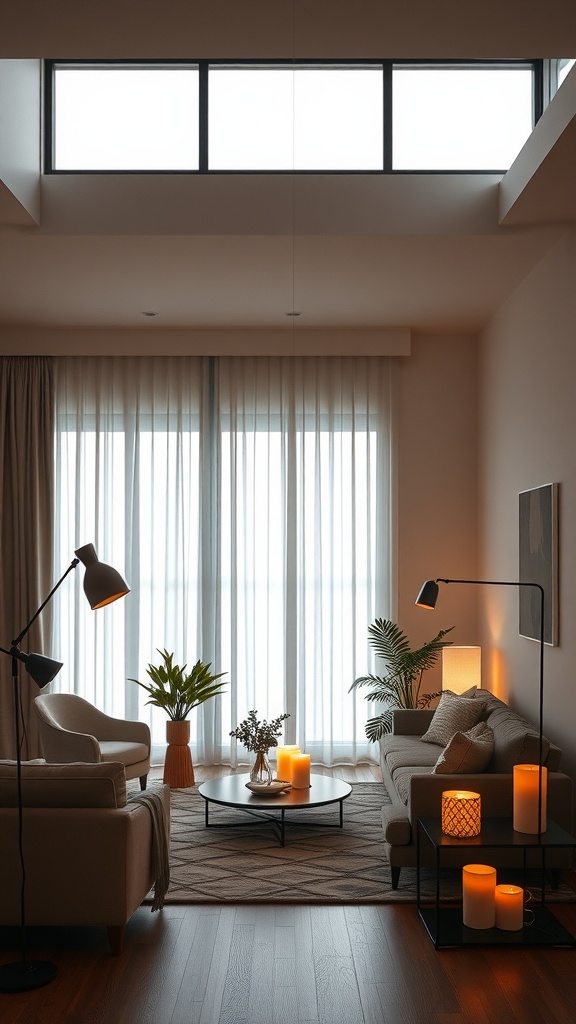 A modern living room with layered lighting including natural light, a floor lamp, and candles, creating a cozy ambiance.