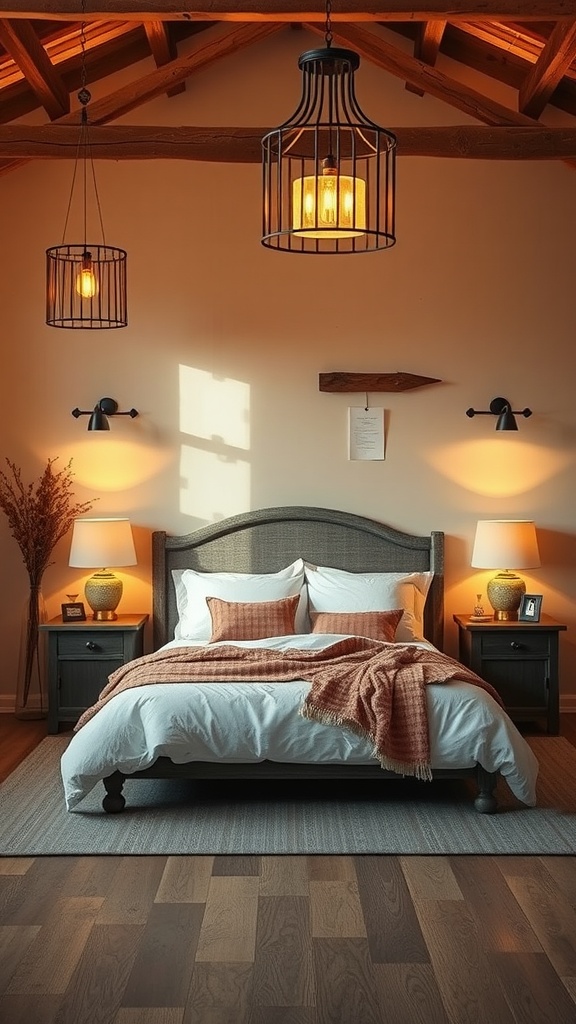 A rustic bedroom with layered lighting featuring pendant lamps and table lamps.