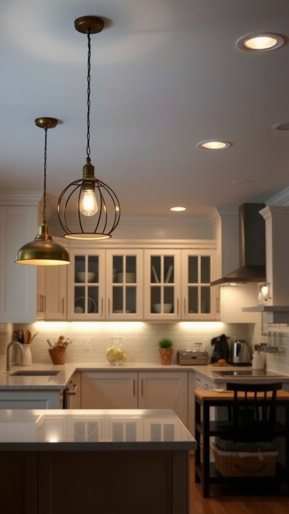 A kitchen with layered lighting featuring pendant lights and recessed lights.