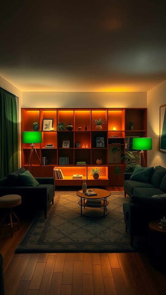 A cozy living room featuring forest green decor, layered lighting with warm and ambient tones, and a wooden bookshelf with plants and books.