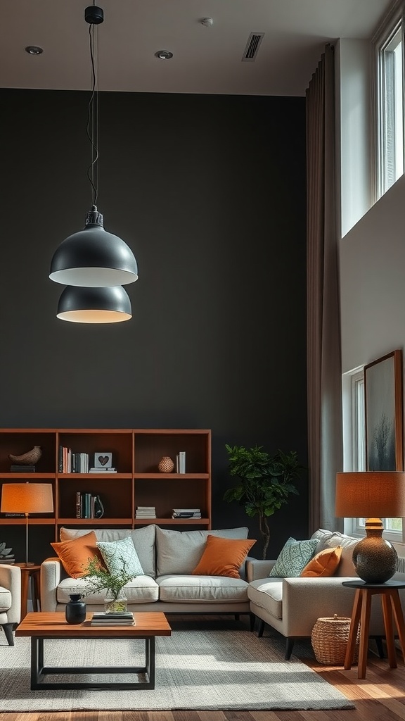 A stylish living room featuring layered lighting with a modern pendant light and table lamps, complemented by black walls and rust accents.