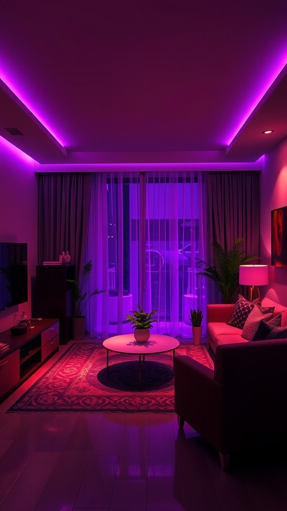 A cozy living room with purple lighting, featuring a coffee table, plants, and warm accents.